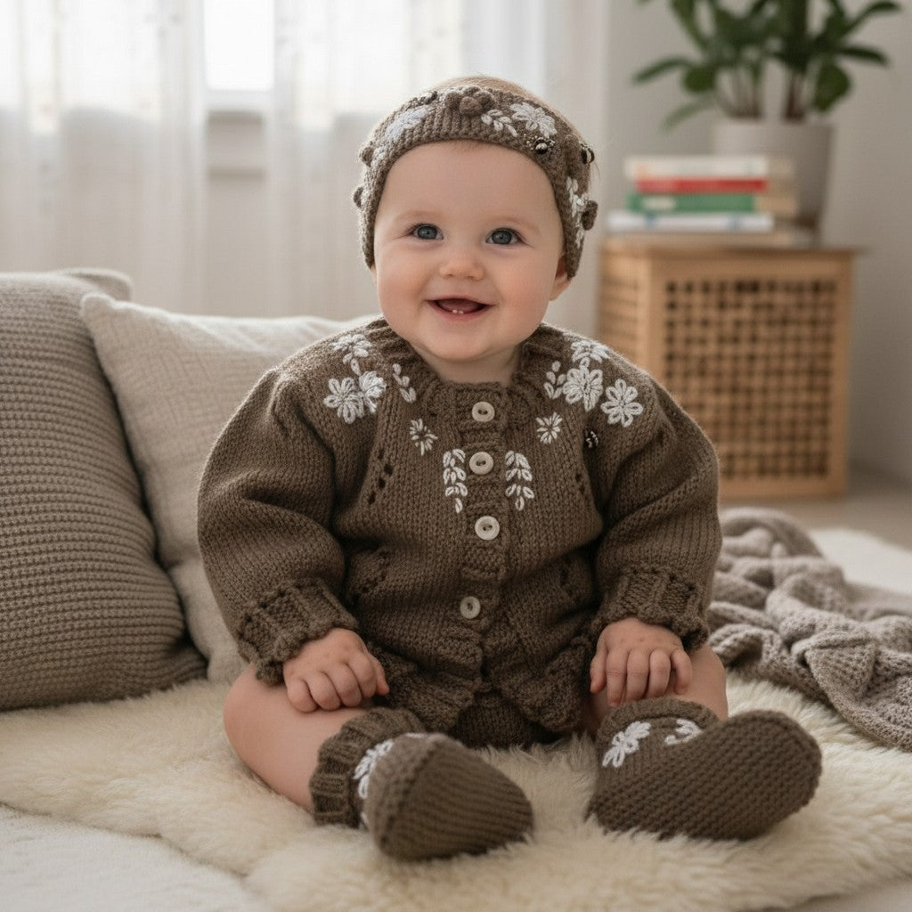 Charming Girls' Embroidered Cardigan Set: Headband & Boots Included