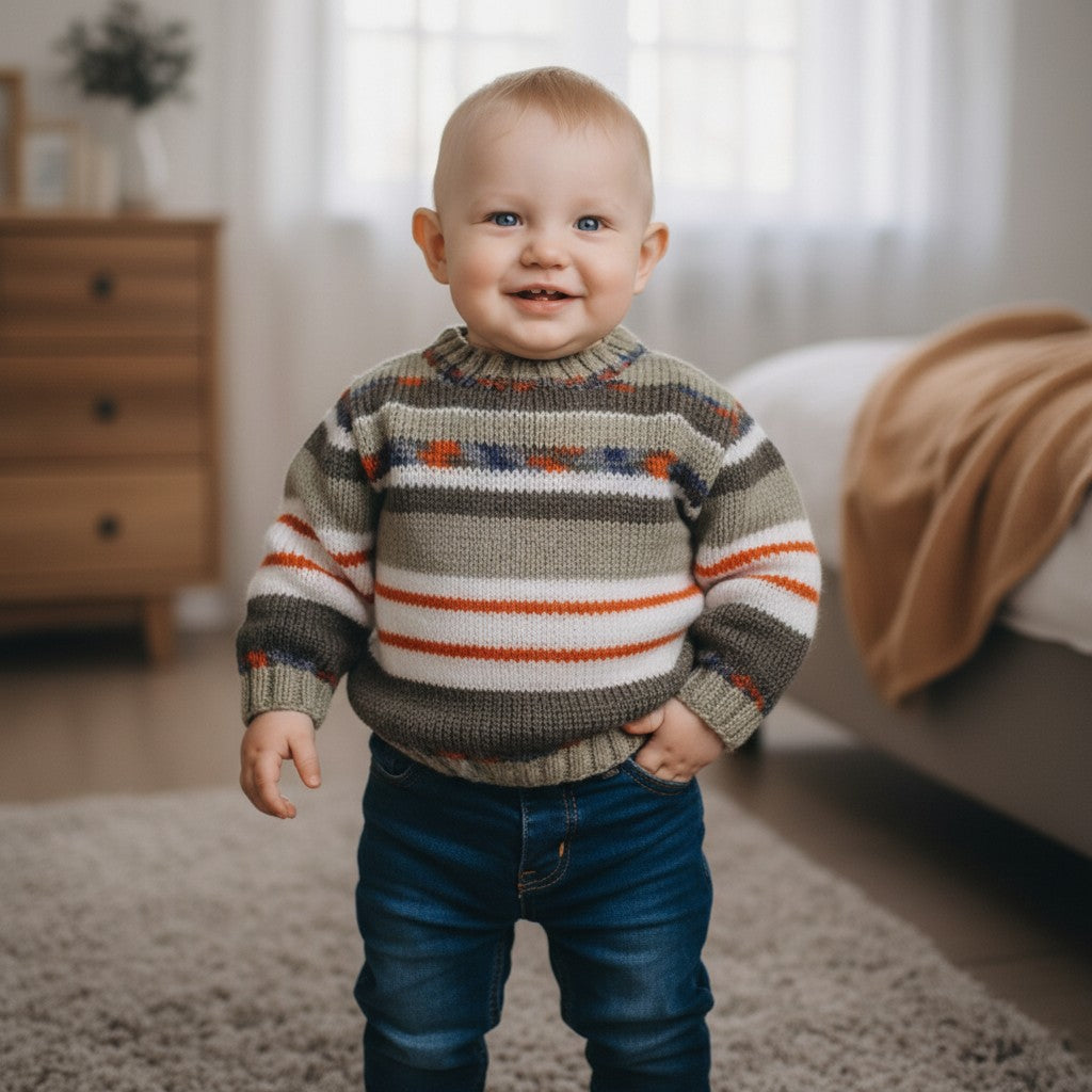 Boys' Knitted Round Neck Stripe Sweater – Hand-Knitted Striped Pullover
