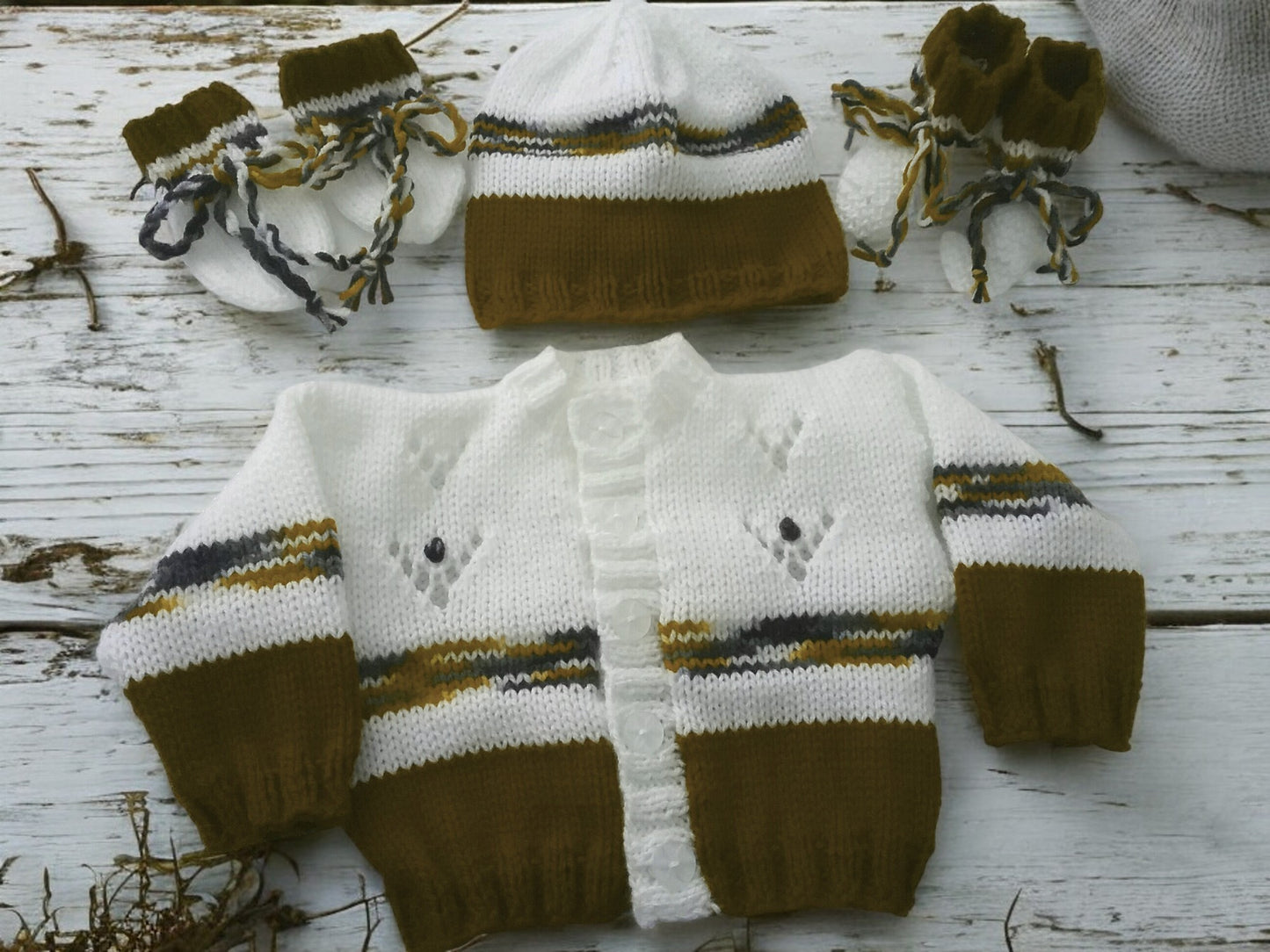 Boys' Star and Stripe Knitted Cardigan with Matching Hat and Boots – Playful Baby Boy Outfit