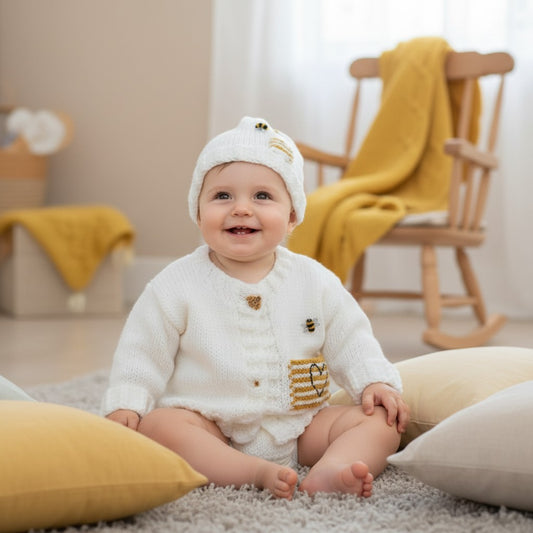 Hand knitted baby cardigan with hat embroidered with bumble bee- ladybird - caterpillar design