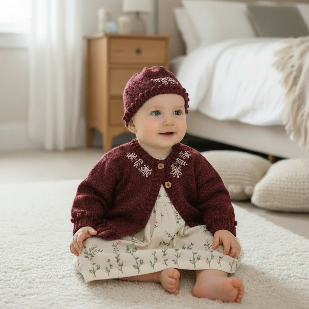 Hand-Knitted Baby Girl Cardigan & Hat Set –  Embroidered silk Flowers