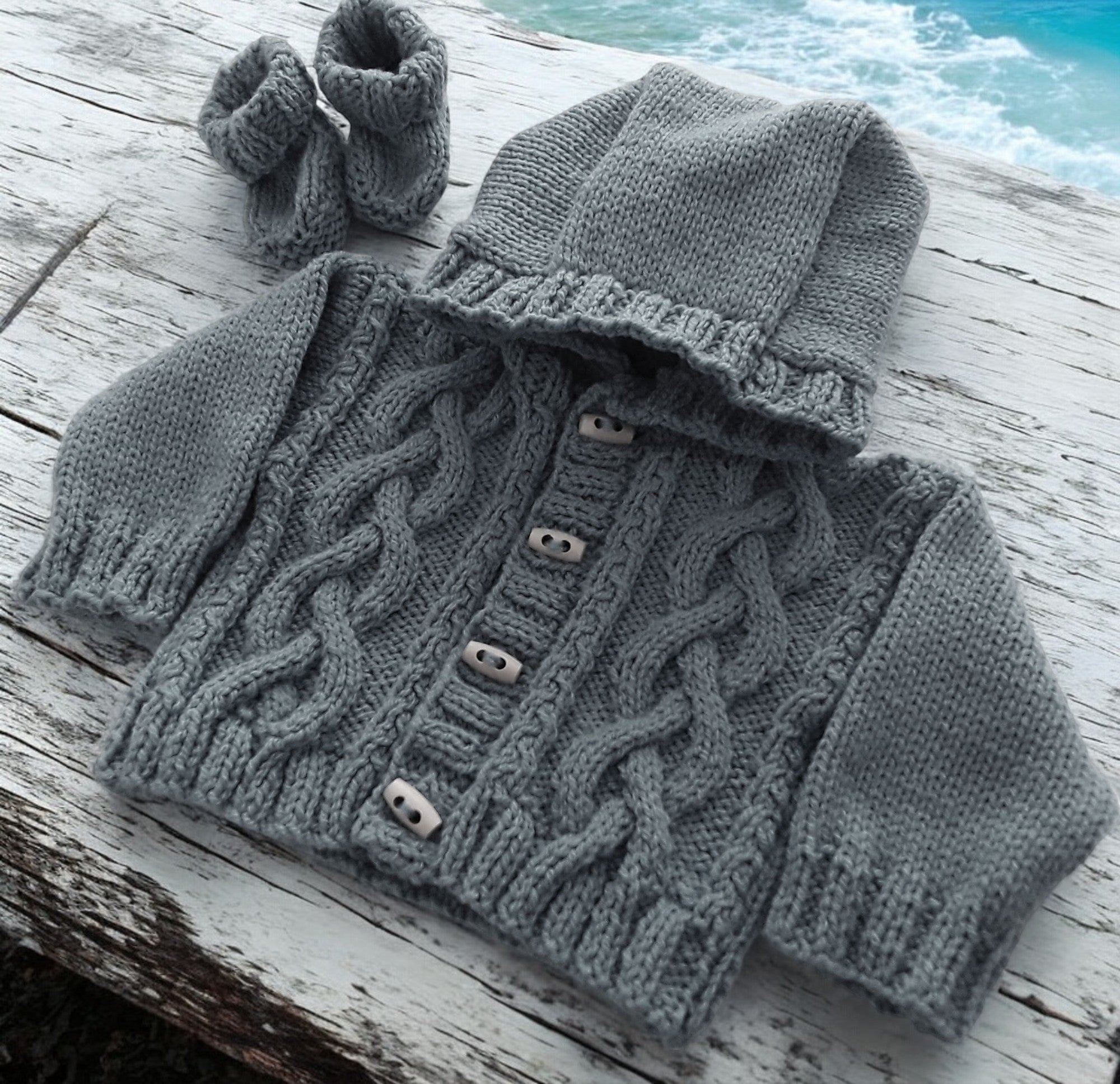 Boys' Cable Front Knitted Hoodie with Matching Boots – Cozy Baby Boy Outfit