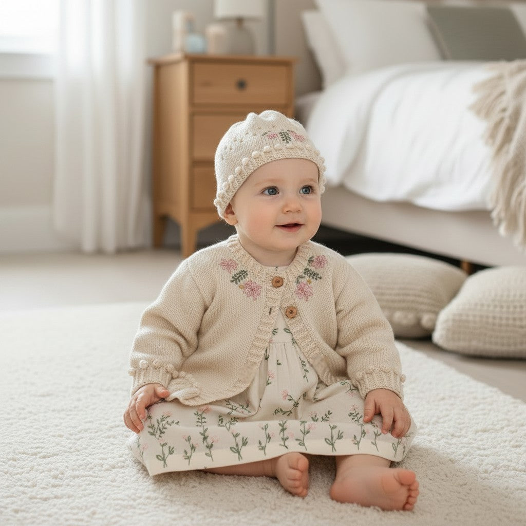 Hand-Knitted Baby Girl Cardigan & Hat Set –  Embroidered silk Flowers