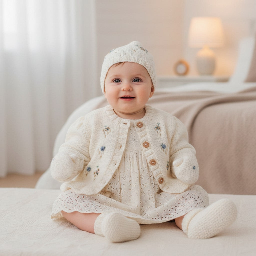 Hand Knitted Baby Girl Outfit with Matching Hat, Mittens & Booties | Embroidered Baby Shower Gift