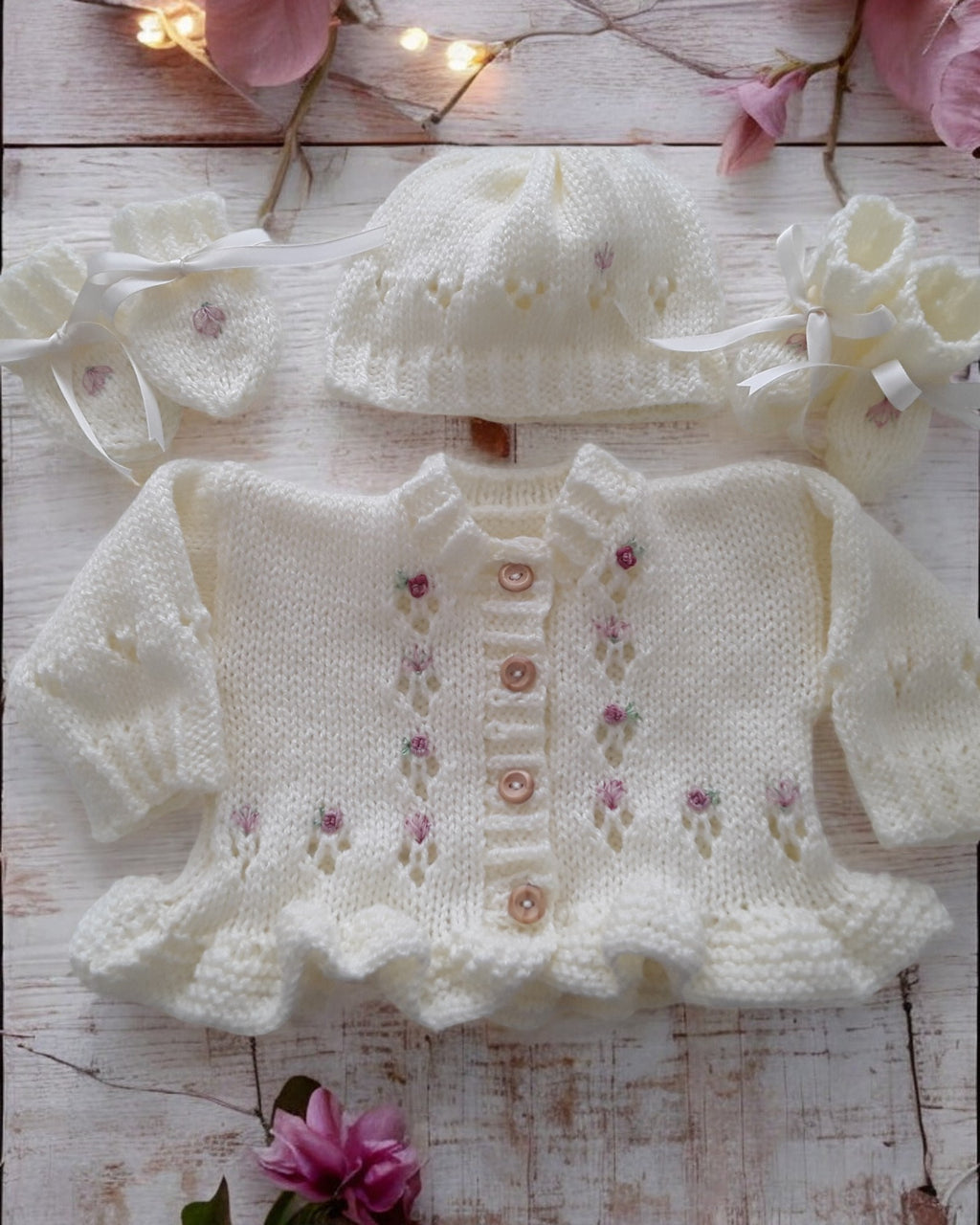 Hand Knitted Baby Girl Outfit with Matching Hat, Mittens & Booties | Embroidered Baby Shower Gift