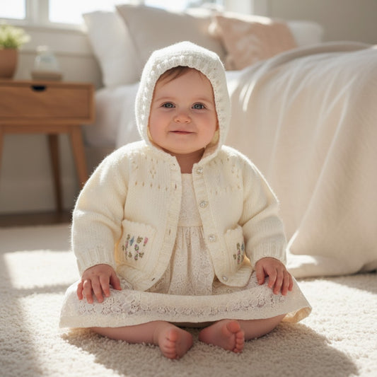 Elegant traditional Knit Baby Girl Hoodie with embroidered pockets