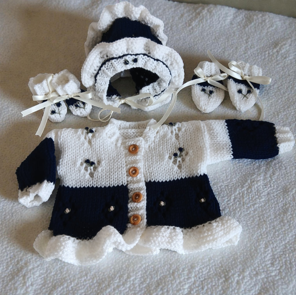 Two-Tone Girls Frilly Hand-Knitted Cardigan with bonnet, mittens and booties with Silk Embroidery