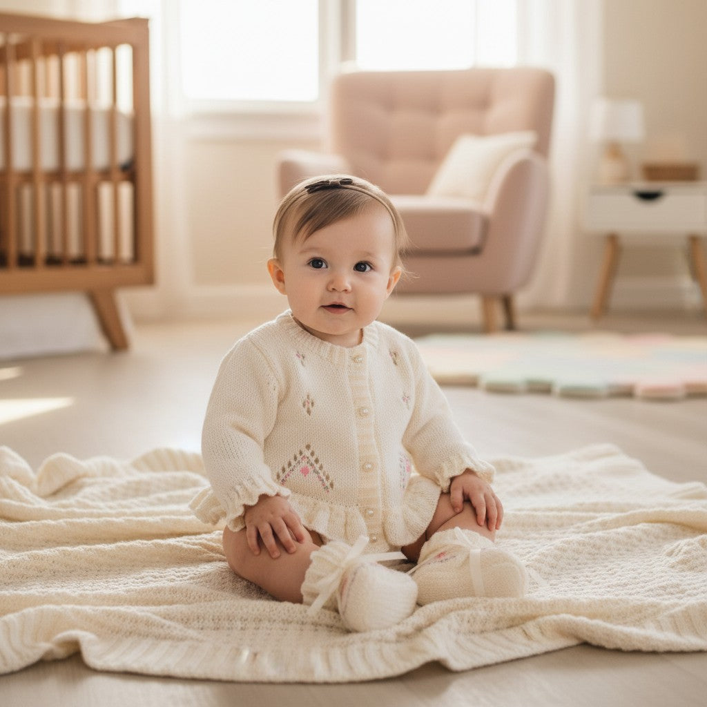 Hand Knitted Girls Cardigan with Delicate Lace Pattern & Silk Flower Embroidery