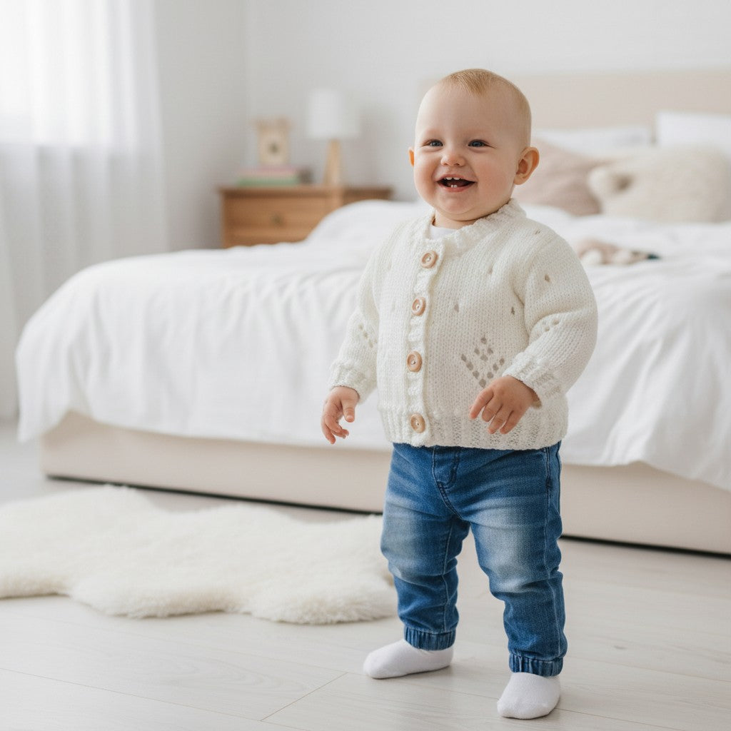 Delicate Knitted Cardigan for Baby Girl – Featuring Bobble & Lace