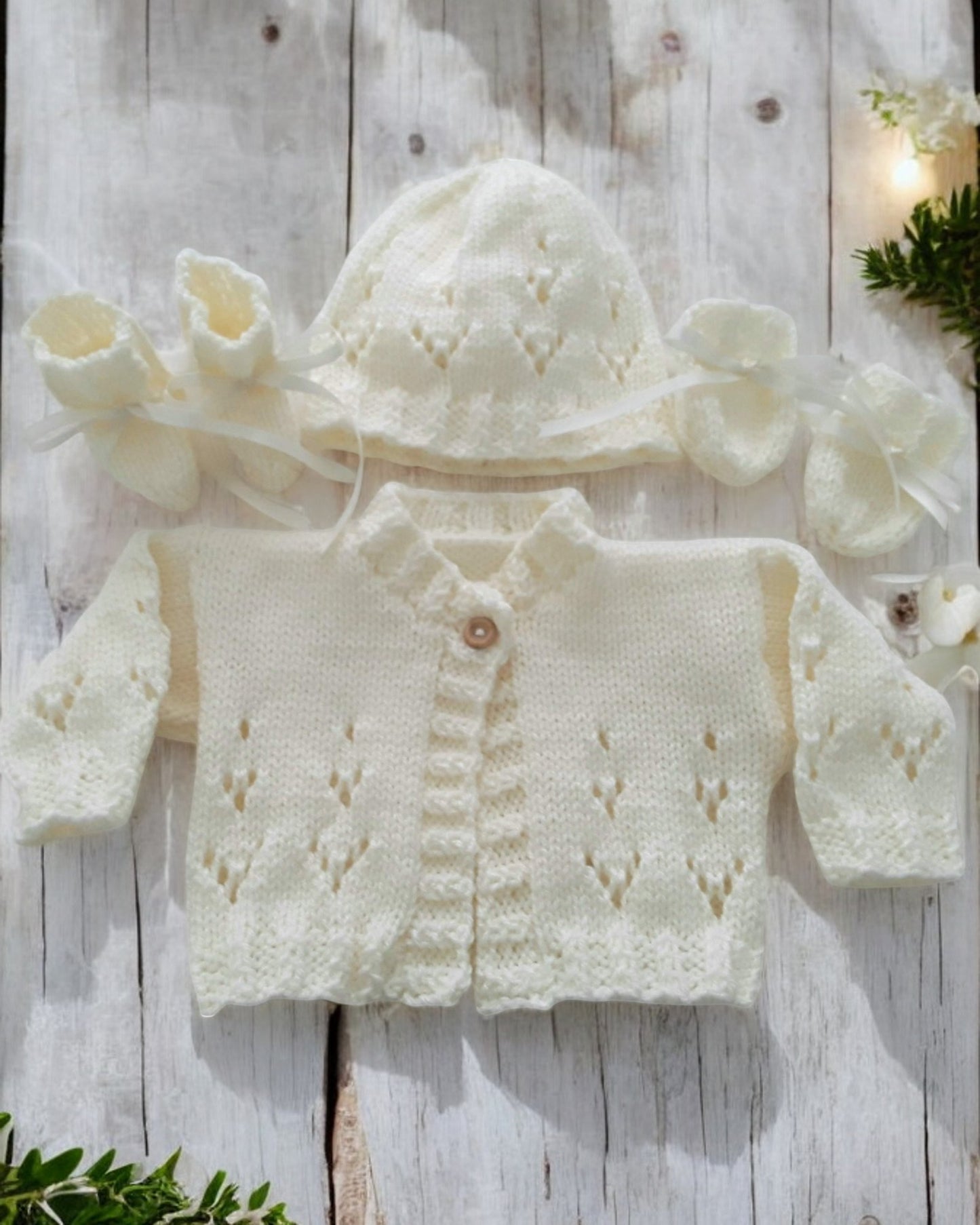 Handcrafted Baby Cardigan with matching hat, mittens & boots  – Perfect for Newborns