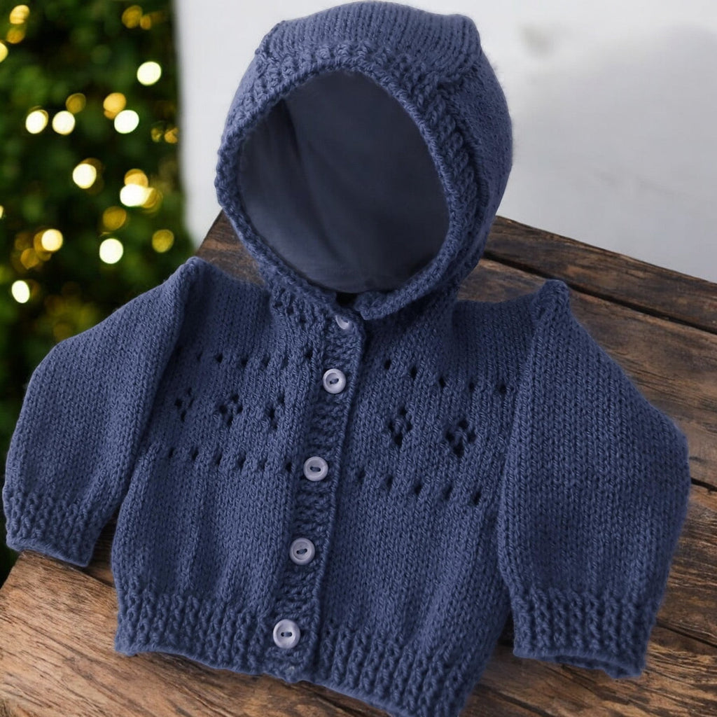 Hand knitted denim baby hoodie with hood, handmade newborn cardigan, gender neutral baby sweater, baby shower gift, coming home outfit