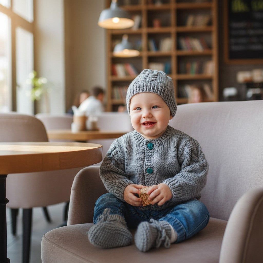 Boys' Cable Design Knitted Cardigan with Matching Hat and Boots – Classic Baby Boy Sweater Set