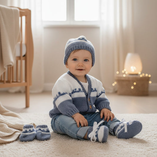 Boys Fair Isle Design Knitted Cardigan Set – Includes Matching Hat, Mitts, and Socks