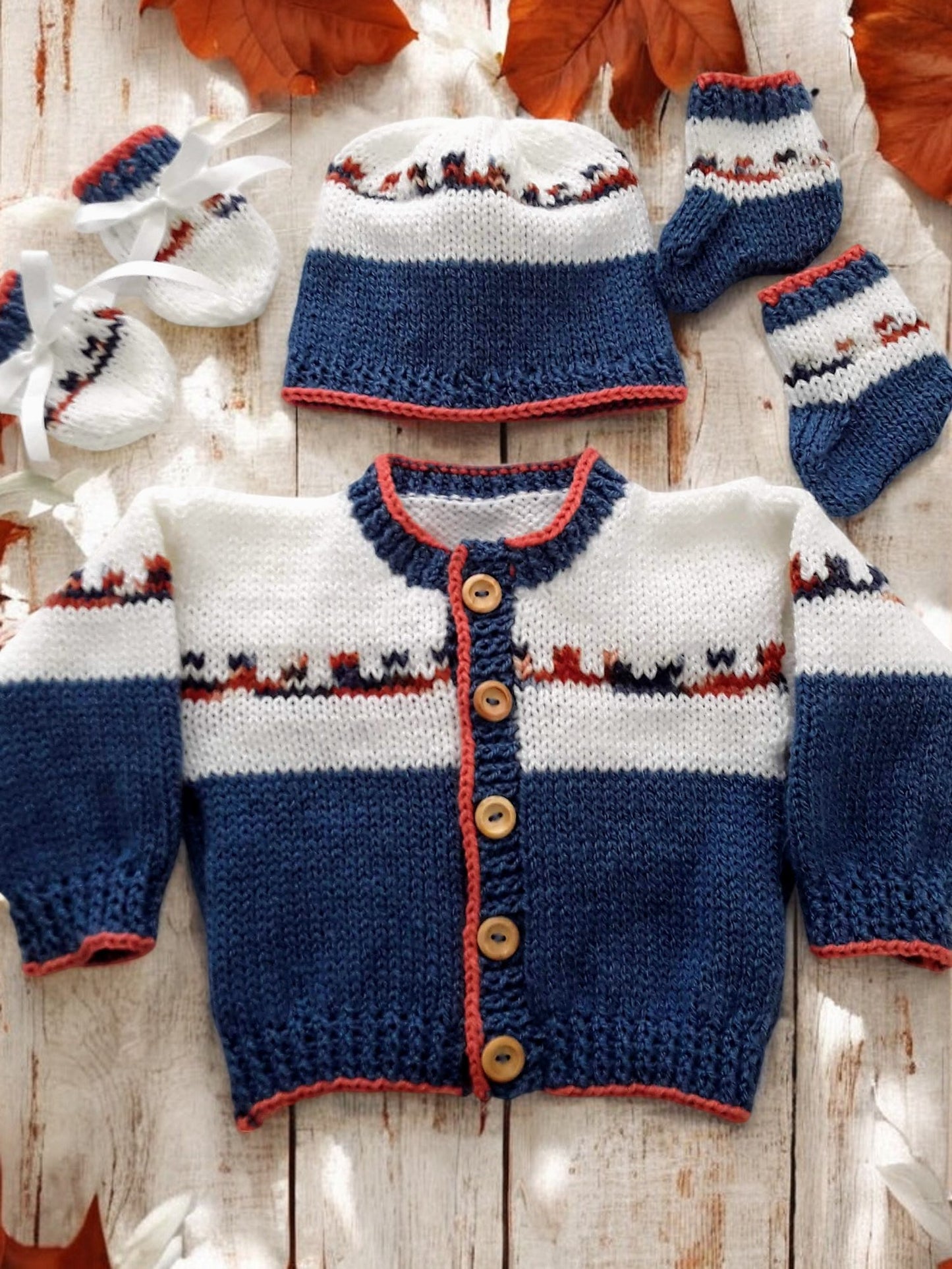 Boys Fair Isle Design Knitted Cardigan Set – Includes Matching Hat, Mitts, and Socks