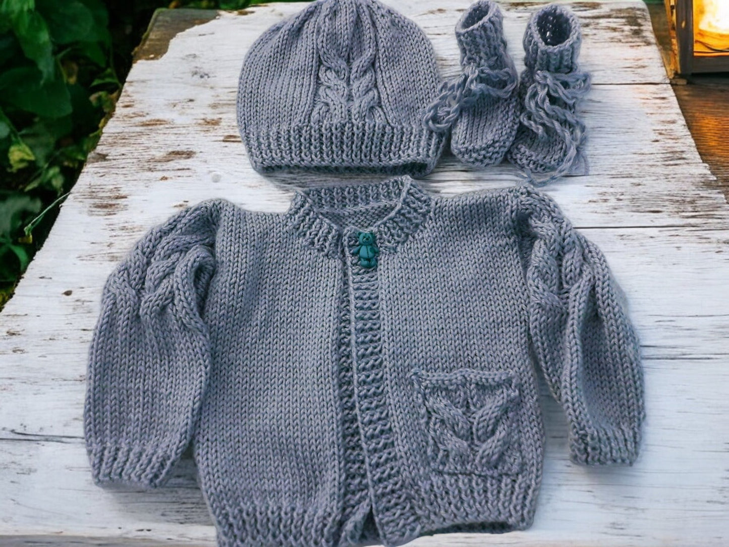 Boys' Cable Design Knitted Cardigan with Matching Hat and Boots – Classic Baby Boy Sweater Set