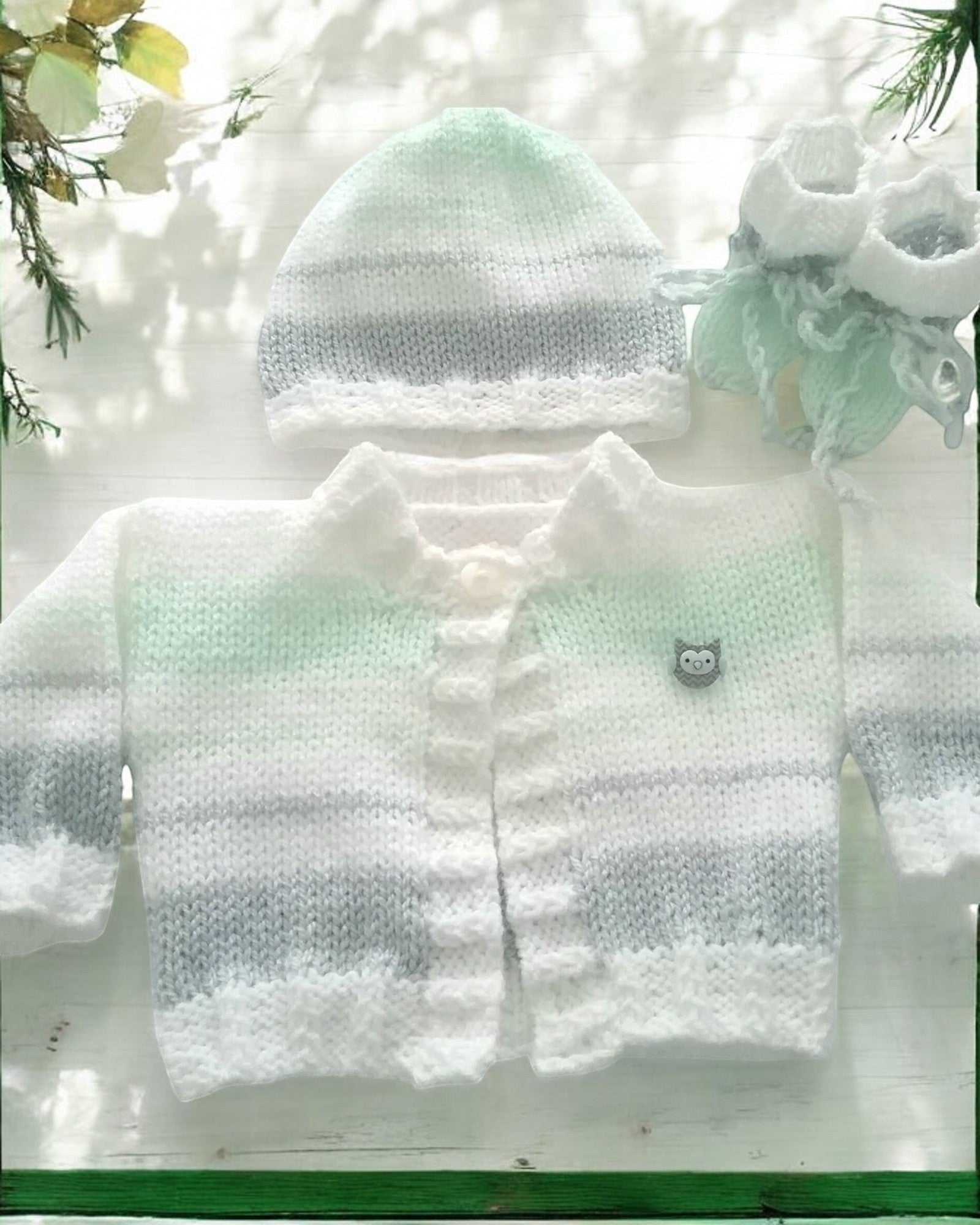 gemknits4kids pastel knitted baby cardigan with matching hat and booties