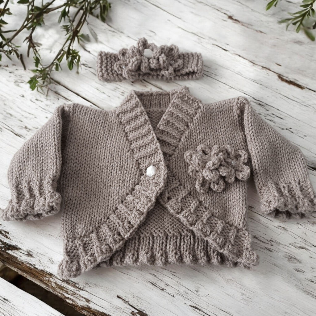 Hand Knitted Bolero Style Girls Cardigan with Knitted Flowers & Matching Headband – Perfect for Spring & Summer