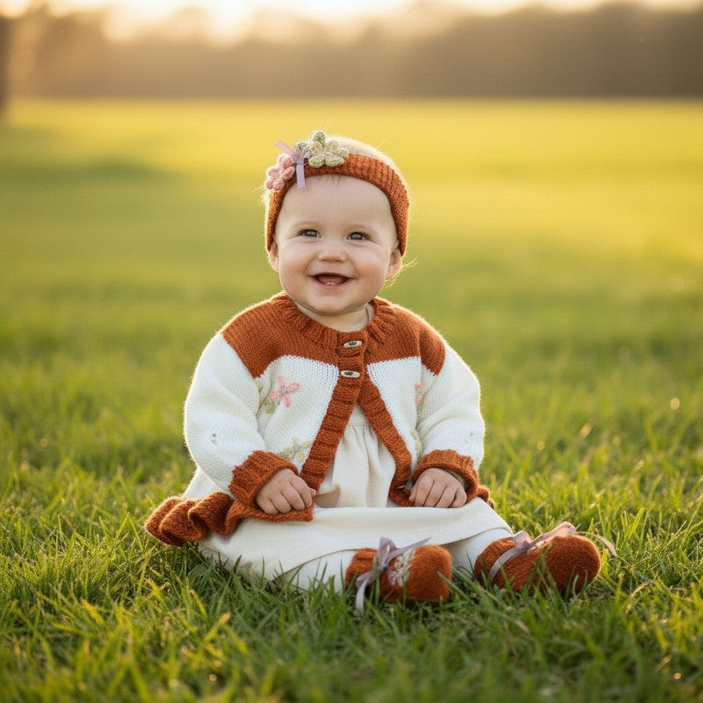 gemknits4kids baby girl wearing a cozy autumn-colored hand-knitted cardigan, matching headband, and booties in a field