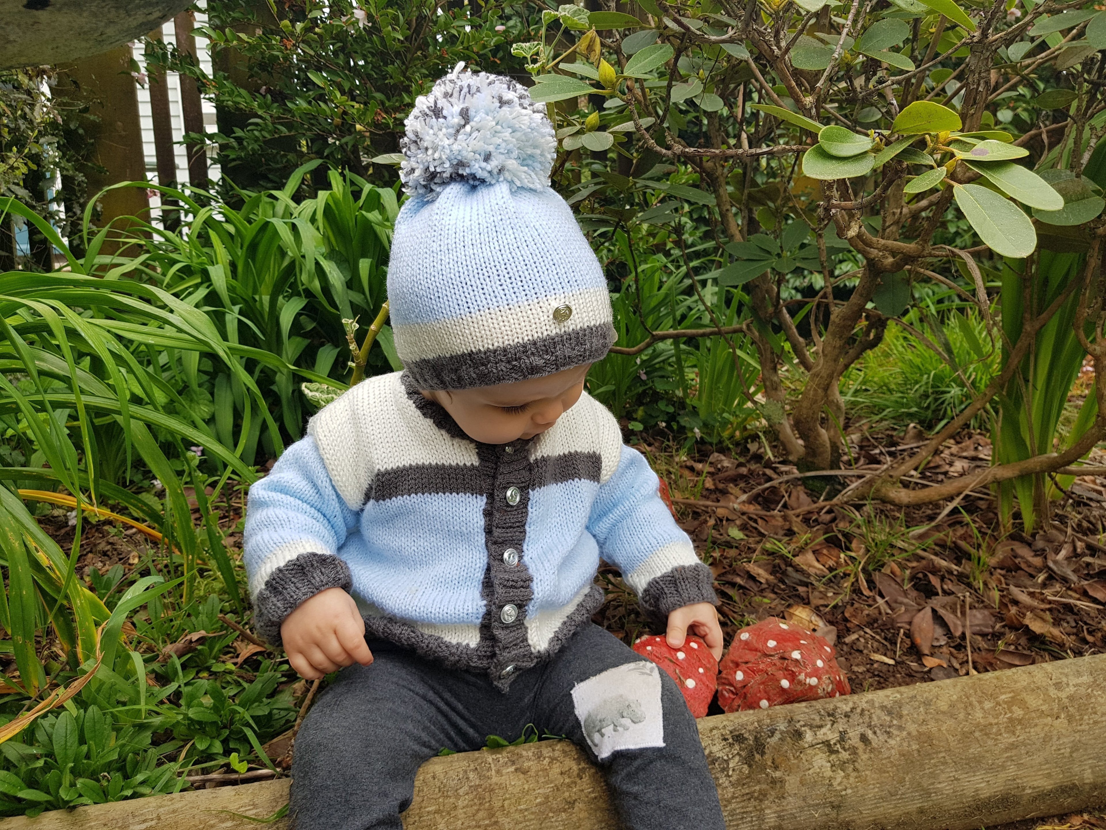 Hand Knitted Baby Boy Outfit | Cardigan & pom pom hat