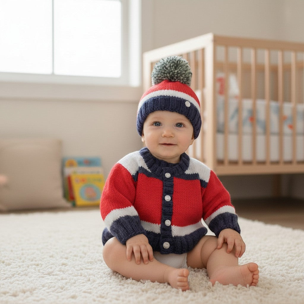 Baby boy wearing a gemknits4kids hand-knitted red, white, and blue block design cardigan and matching pom pom hat.