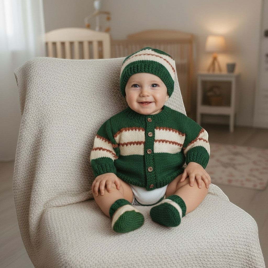 gemknits4kids hand-knitted baby boy cardigan set with matching hat and booties in green, cream, and brown stripes.