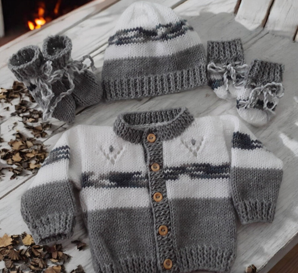gemknits4kids hand-knitted stripe cardigan, matching hat, and booties.