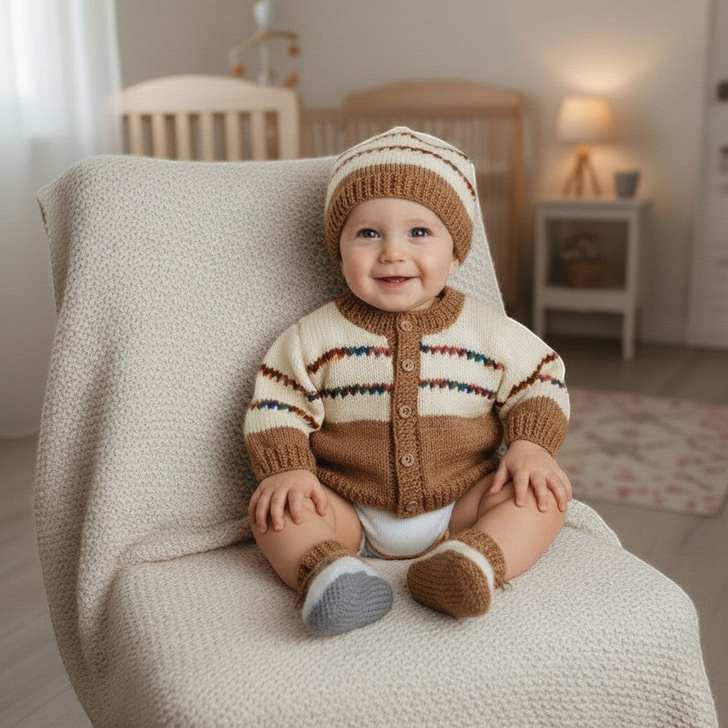 gemknits4kids baby boy wearing a hand-knitted cream and brown striped cardigan, matching hat, and booties on a chair.