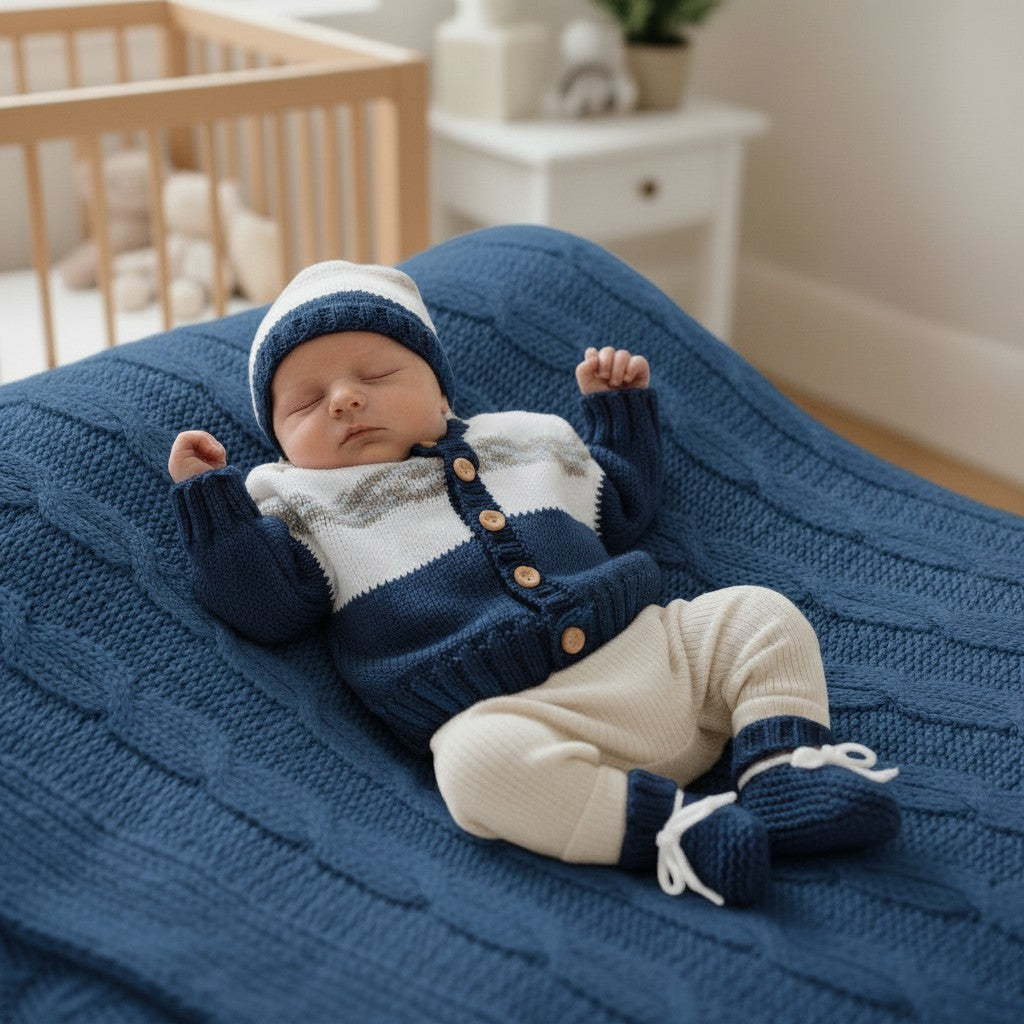 gemknits4kids baby boy wearing a hand-knitted navy and white striped cardigan, matching hat, and booties on a blanket
