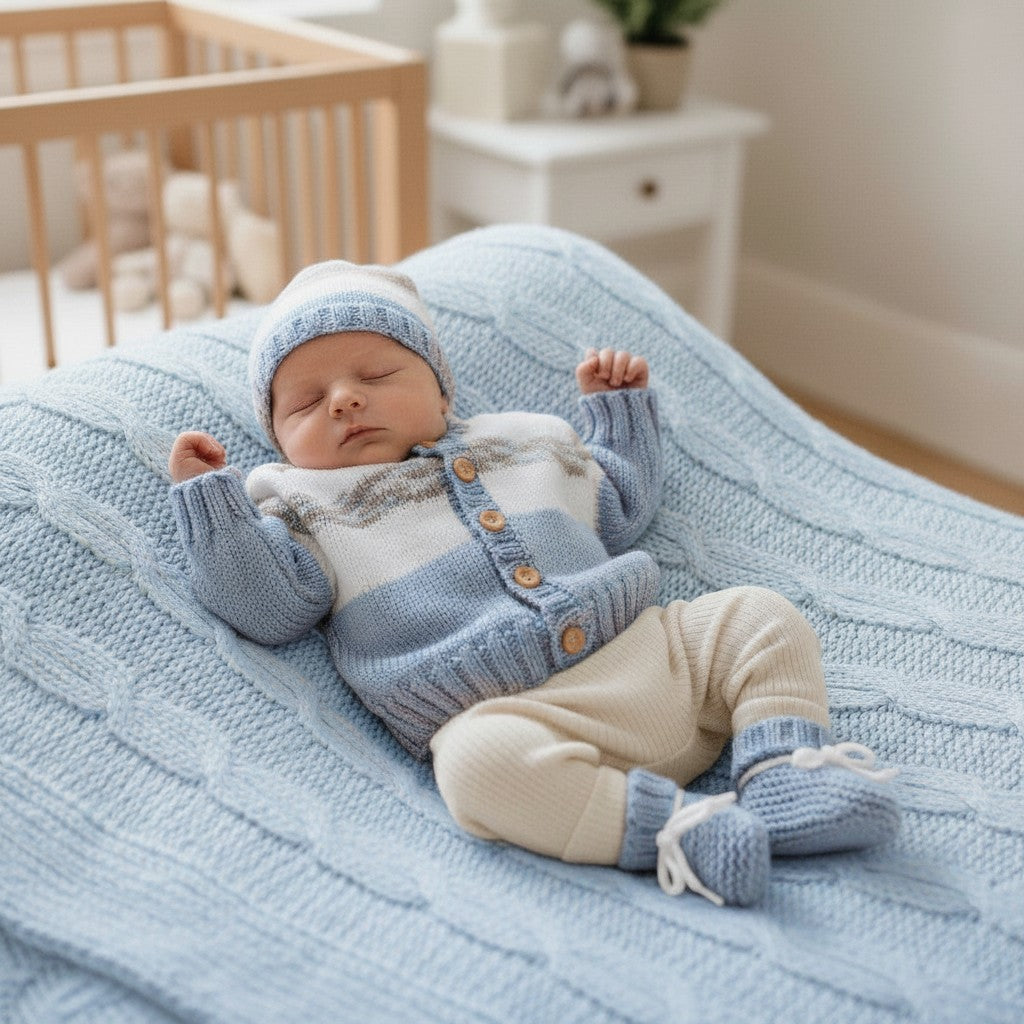 gemknits4kids baby boy wearing a blue and white striped knitted cardigan, matching hat, and booties on a blue blanket
