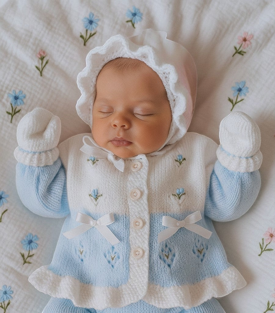 gemknits4kids baby girl wearing a two-tone blue and white hand-knitted frilly cardigan, bonnet, and mittens set.