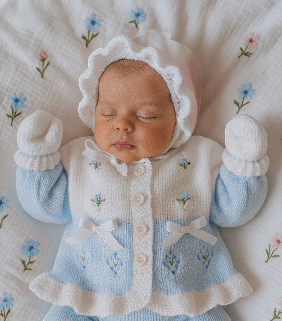 gemknits4kids baby girl wearing a two-tone blue and white hand-knitted frilly cardigan, bonnet, and mittens with embroidery