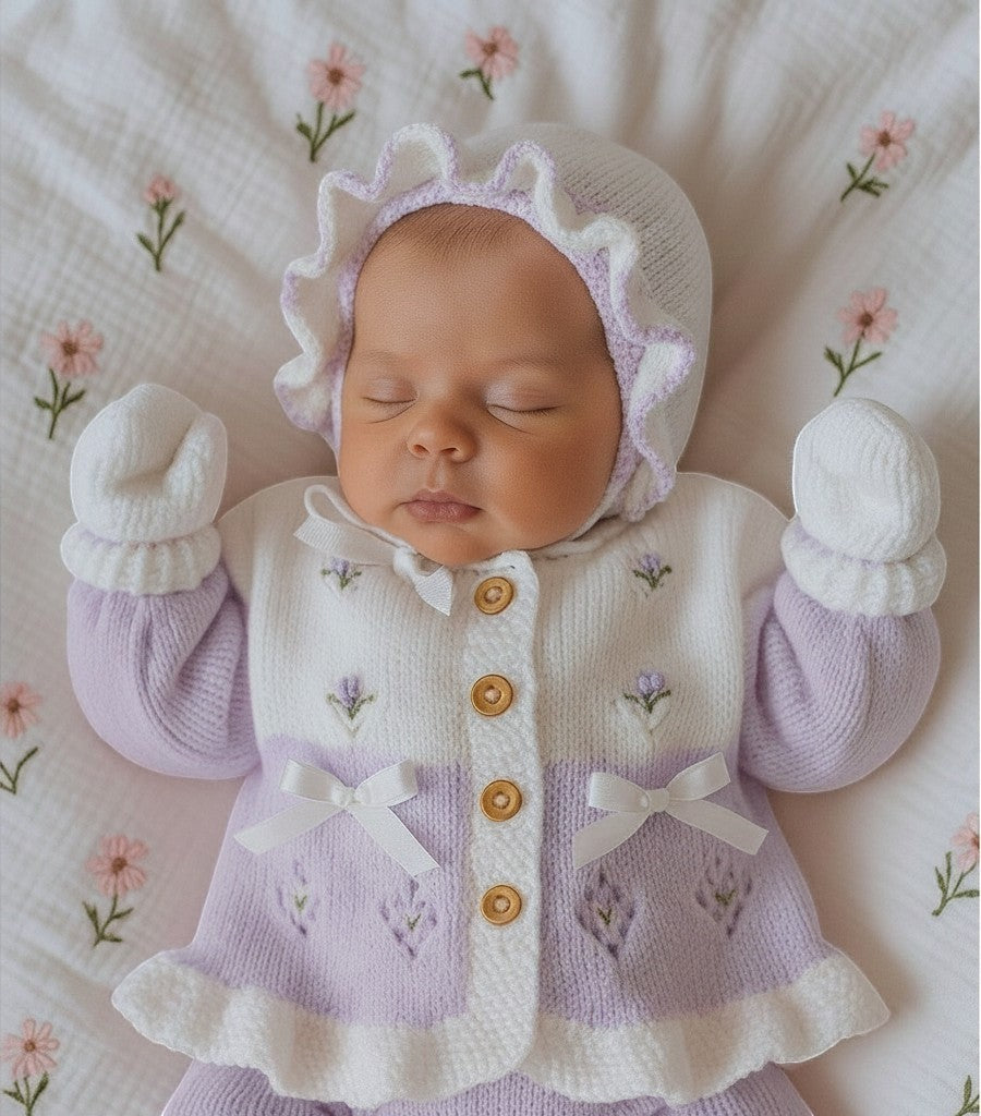 gemknits4kids baby girl wearing a two-tone white and lilac hand-knitted frilly cardigan, bonnet, and mittens set.