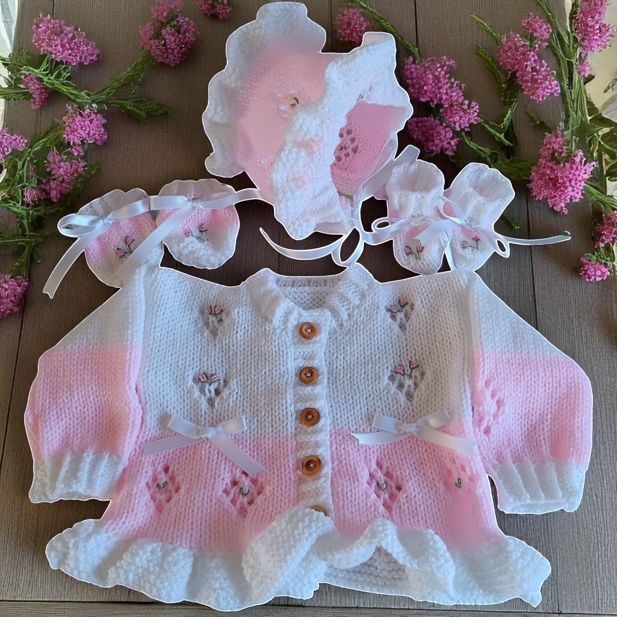 gemknits4kids baby girl wearing a two-tone pink and white hand-knitted frilly cardigan, bonnet, and mittens set.
