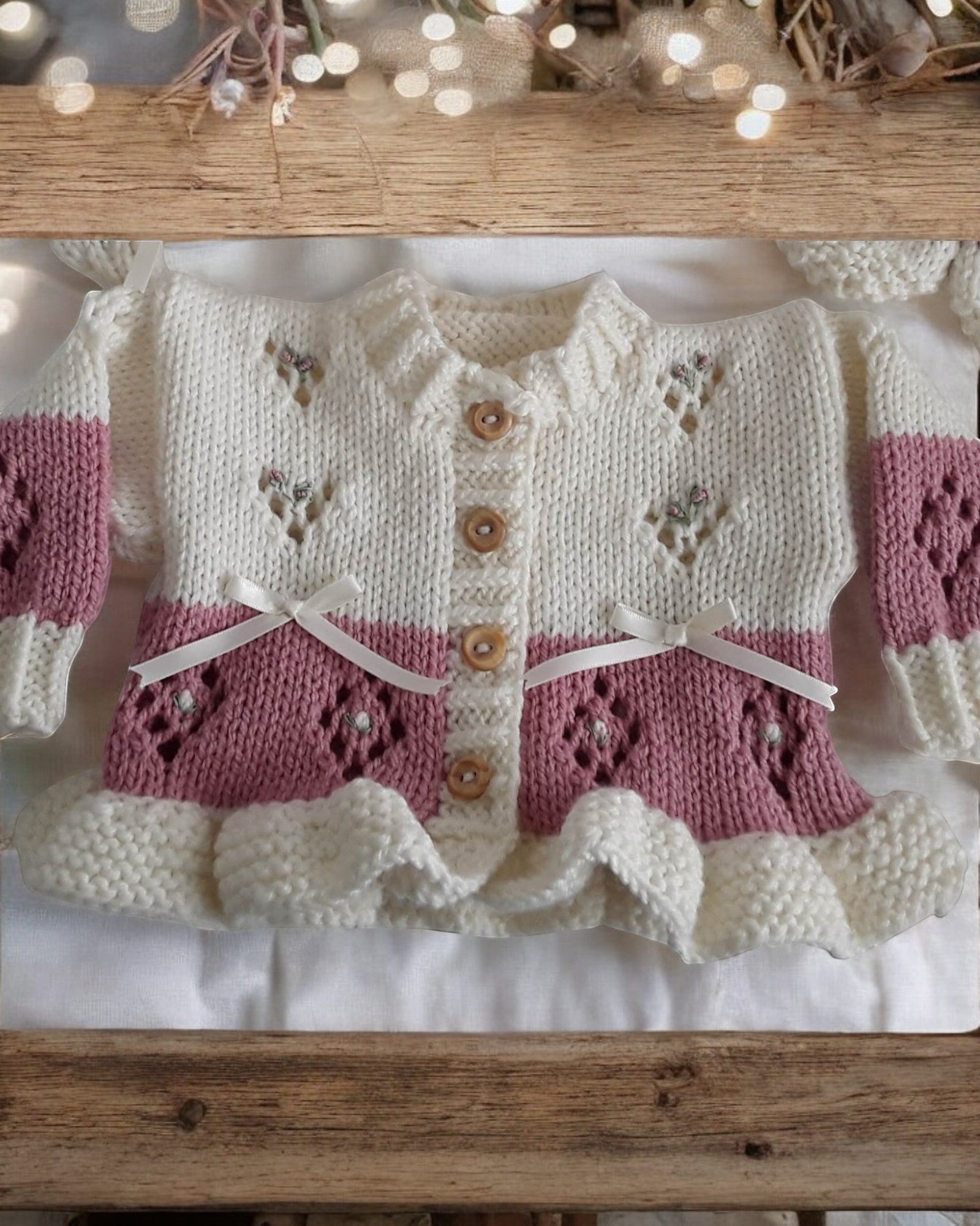 gemknits4kids baby girl wearing a two-tone Dusky pink & cream hand-knitted frilly cardigan, bonnet, and mittens set.