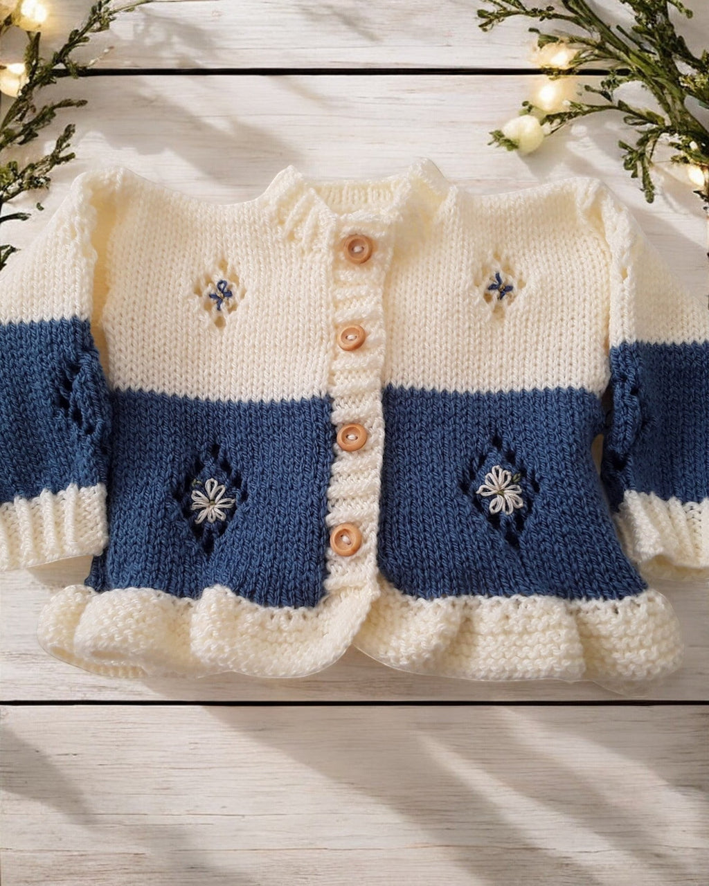 gemknits4kids baby girl wearing a two-tone denim and cream hand-knitted frilly cardigan, bonnet, and mittens set.