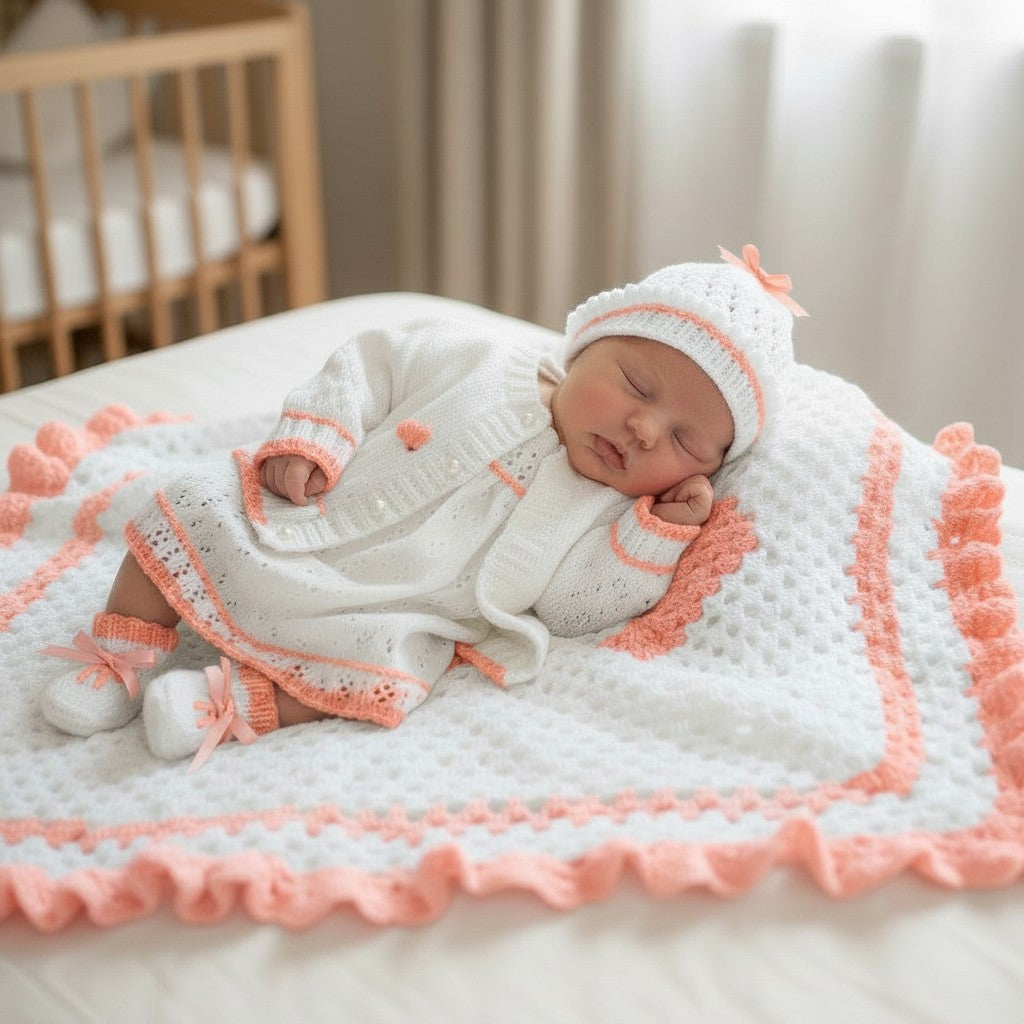 gemknits4kids baby girl knitted outfit with cardigan, bonnet, booties, and matching pram cover in white and peach.