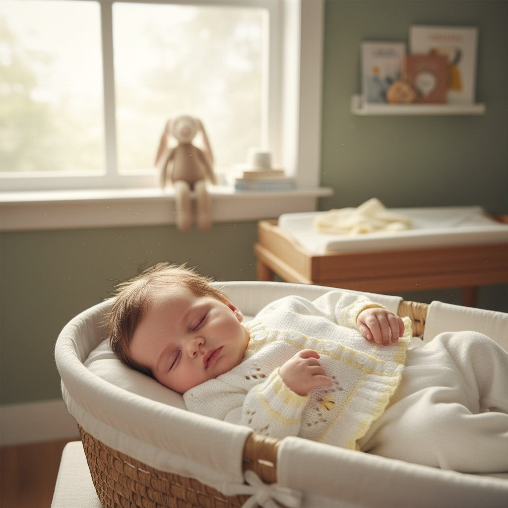 gemknits4kids baby girl sleeping in a white hand-knitted cardigan with delicate pastel yellow trim hems