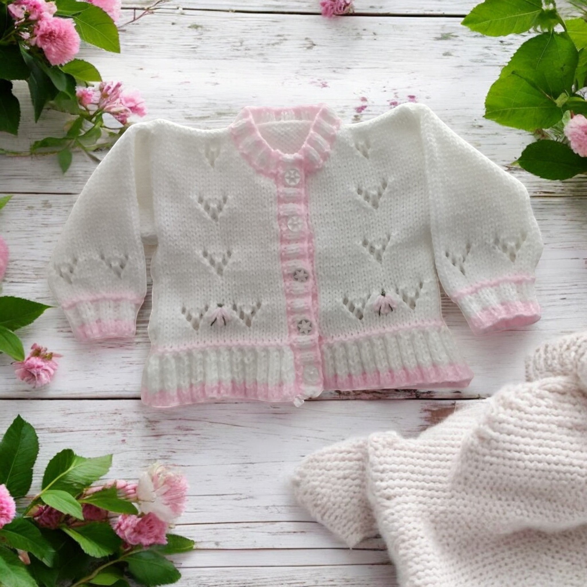 gemknits4kids baby girl sleeping in a white hand-knitted cardigan with delicate pastel pink trim hems