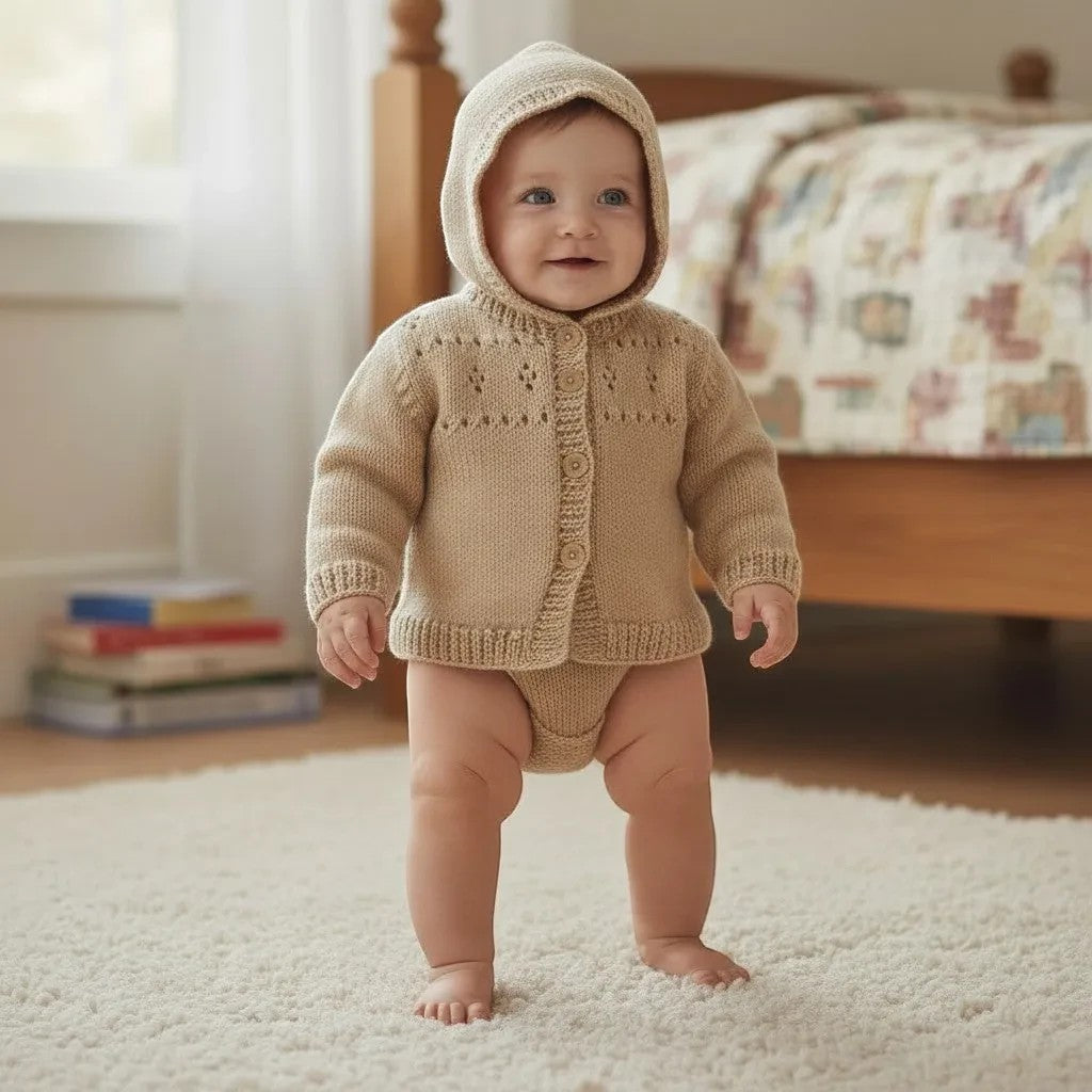 A baby wearing a beige hand-knitted GemKnits4Kids hoodie with eyelet details and button front in a bedroom setting.