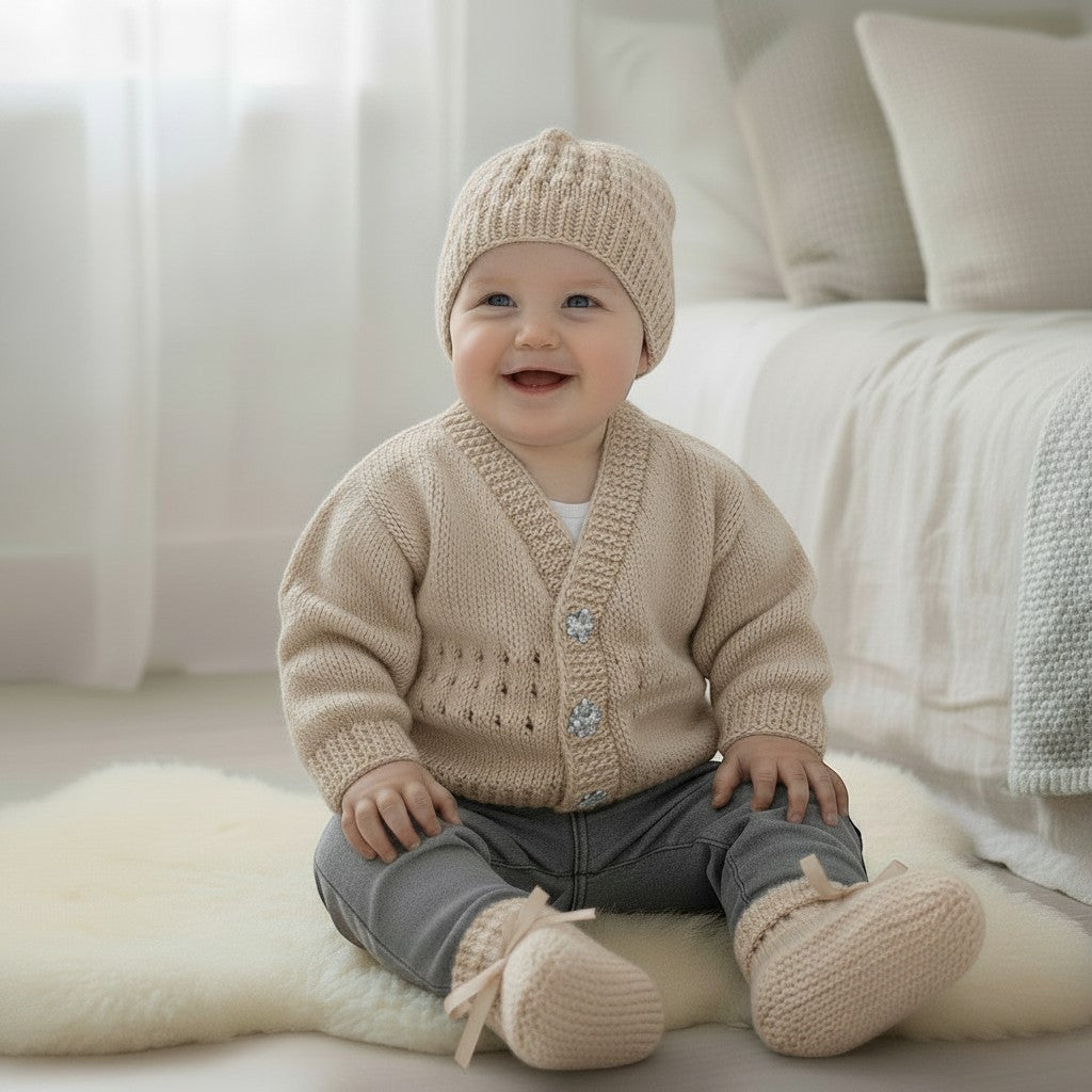gemknits4kids baby boy wearing a beige hand-knitted V-neck cardigan, matching beanie hat, and ribbon-tied booties.