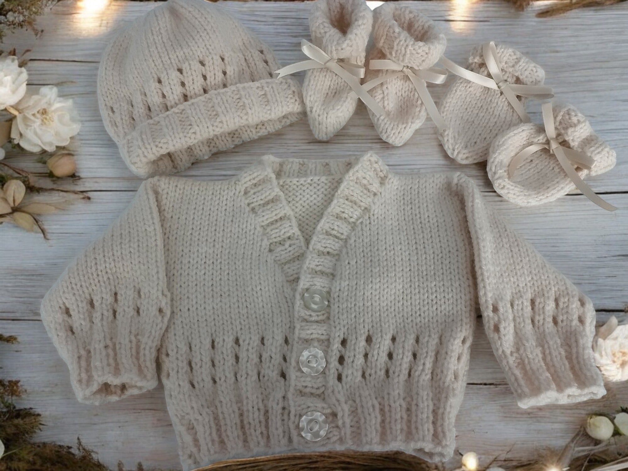 gemknits4kids baby wearing a soft beige hand-knitted cardigan, hat, and booties set sitting on a white rug in a bedroom.