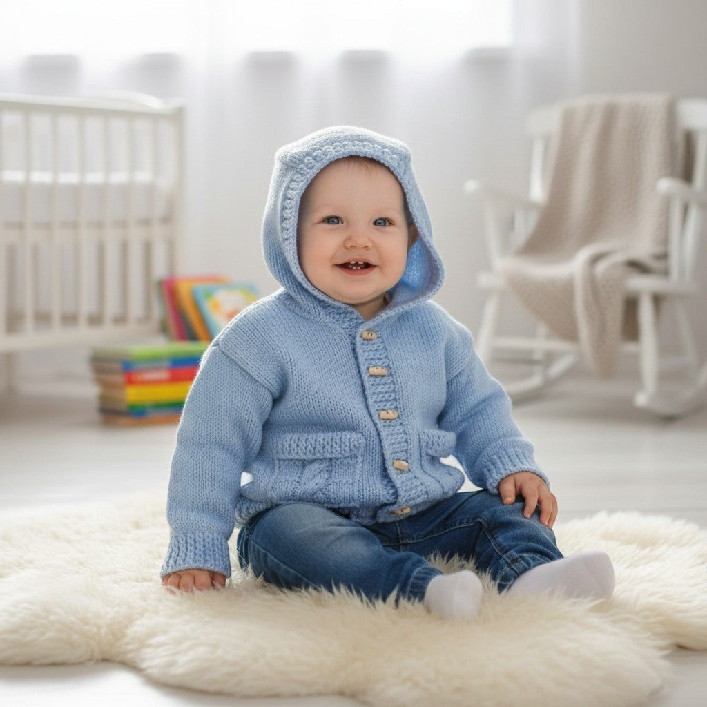 gemknits4kids baby wearing a soft blue knitted hooded jacket with buttons and pockets, sitting on a white rug.