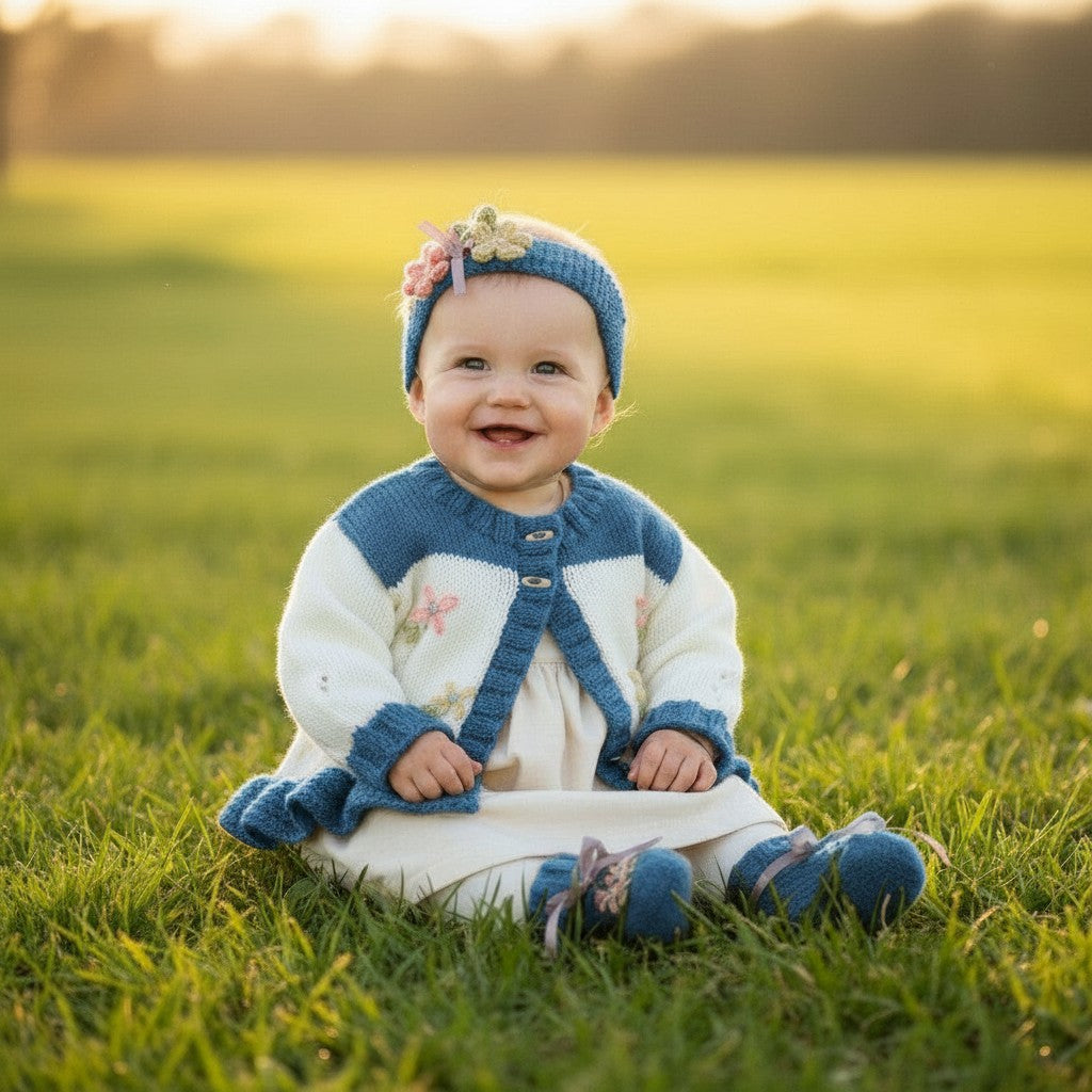 gemknits4kids baby girl wearing a blue and white hand-knitted cardigan with floral details and matching headband