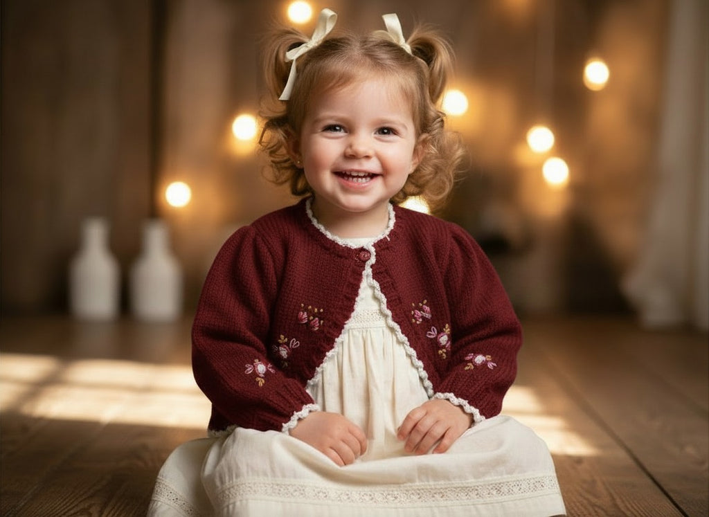 gemknits4kids burgundy hand-knitted bolero cardigan with floral embroidery worn by a smiling toddler girl