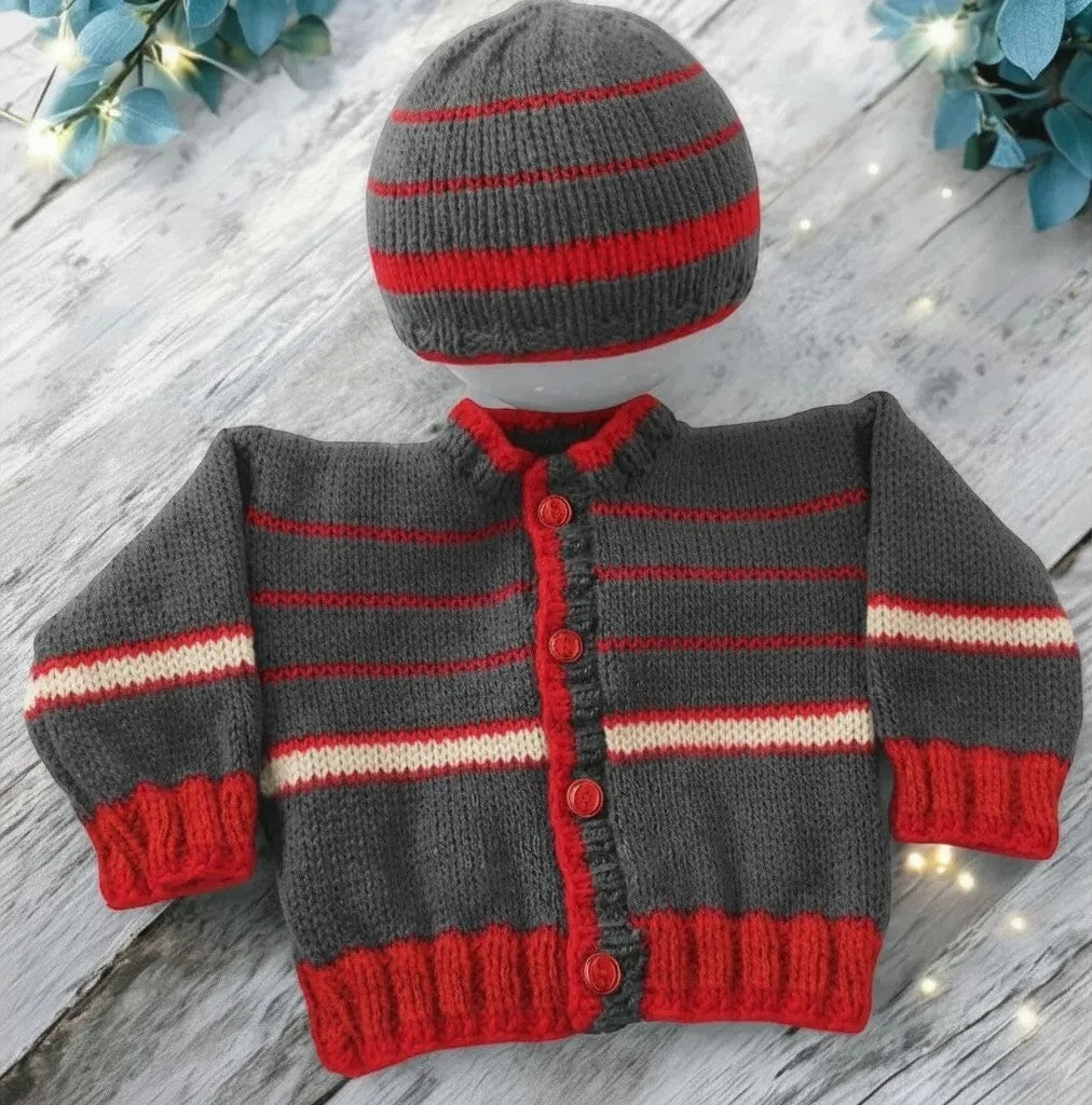 gemknits4kids hand-knitted charcoal cardigan and matching hat set with red and cream stripes for baby boys.