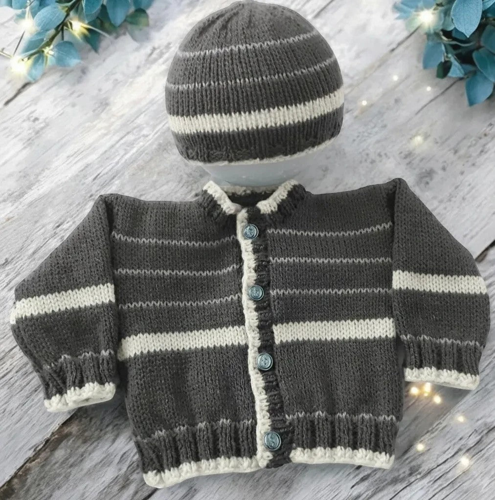gemknits4kids hand-knitted charcoal and white striped baby cardigan and matching beanie hat set