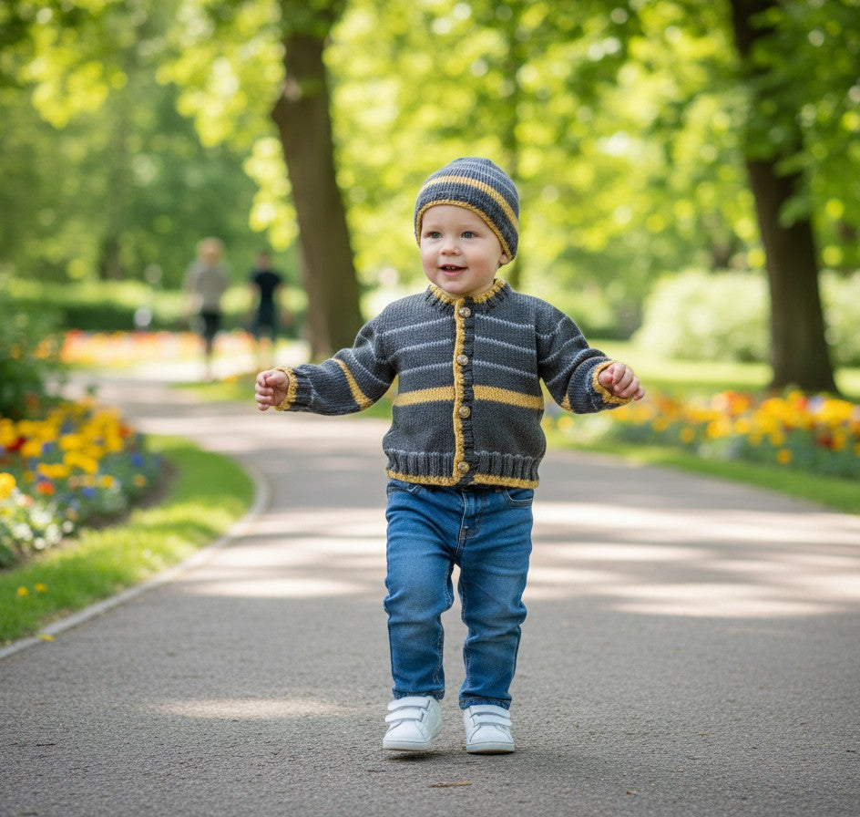 gemknits4kids toddler boy wearing a hand-knitted charcoal and yellow striped cardigan and matching beanie in a park