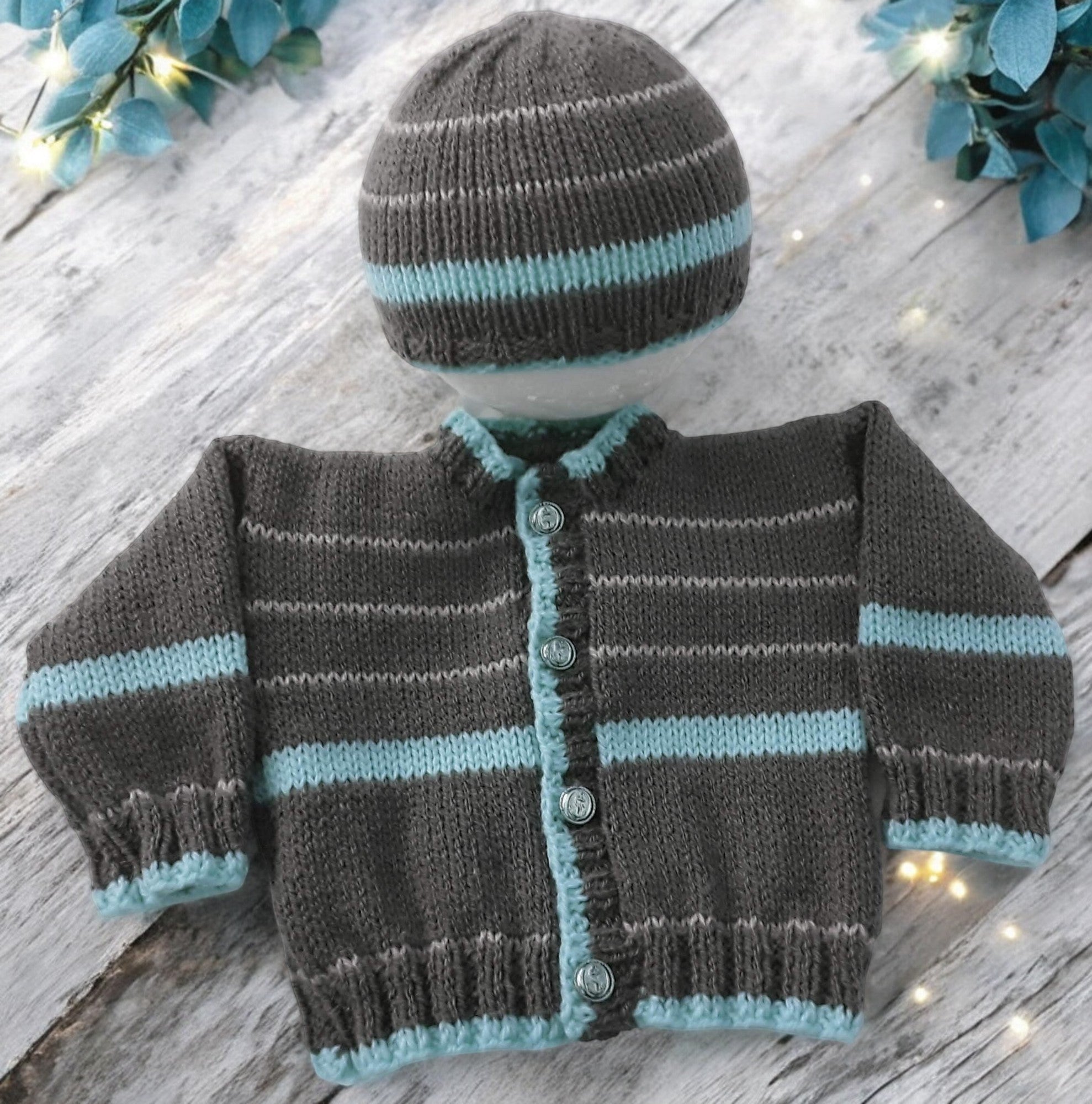 gemknits4kids hand-knitted charcoal cardigan and matching hat set with blue and white stripes for baby boys