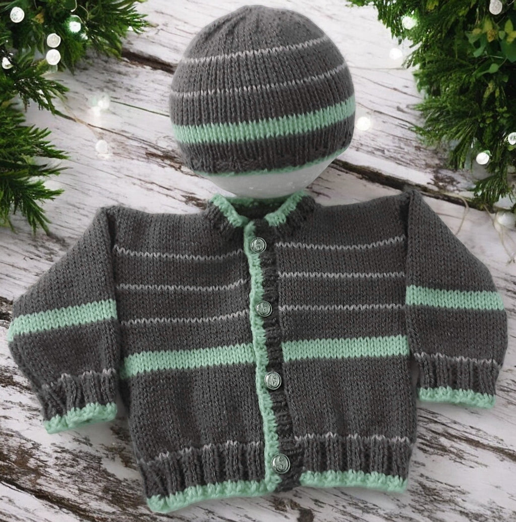 gemknits4kids hand-knitted charcoal cardigan and matching hat set with mint  and white stripes for baby boys