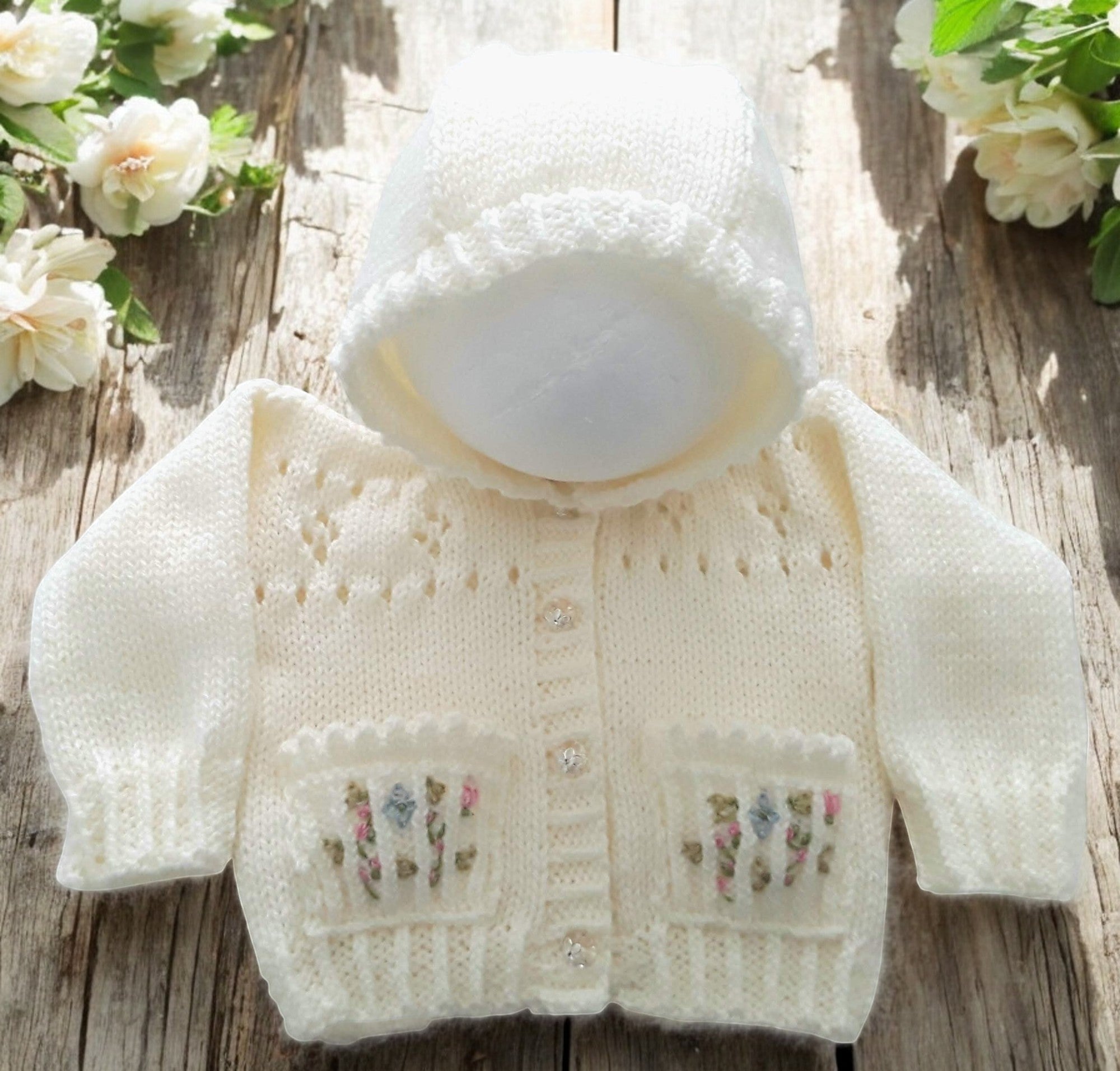 gemknits4kids soft cream knit hoodie with embroidered pockets